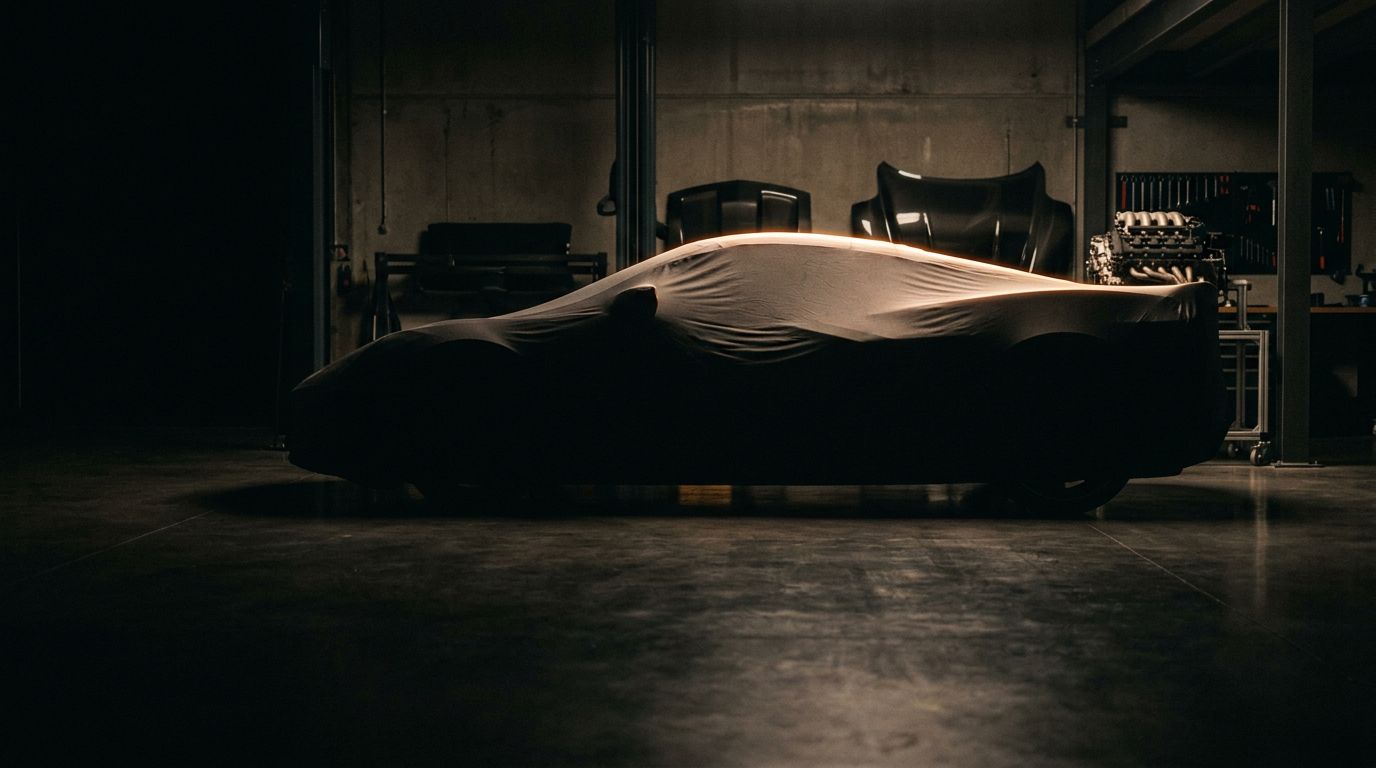 An unbadged mid-engine car under a cover in a dark atelier, lit from behind